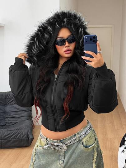 Coolane Women's Plus Size Fall Winter StreetWear Elegant Formal Daily Wear Casua Black Hooded Cropped Jacket Halloween