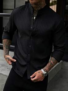 Manfinity CasualCool 男士成熟度假風亞麻混紡長袖襯衫，度假穿搭，秋季，老錢風休閒，辦公工作黑色，正式 - 黑色 - 查看 1