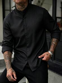 Manfinity CasualCool 男士成熟度假風亞麻混紡長袖襯衫，度假穿搭，秋季，老錢風休閒，辦公工作黑色，正式 - 黑色 - 查看 5