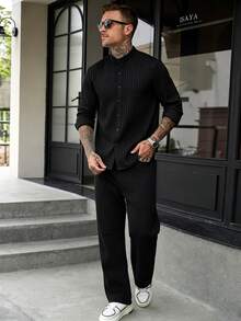 Manfinity CasualCool 男士成熟度假風亞麻混紡長袖襯衫，度假穿搭，秋季，老錢風休閒，辦公工作黑色，正式 - 黑色 - 查看 7