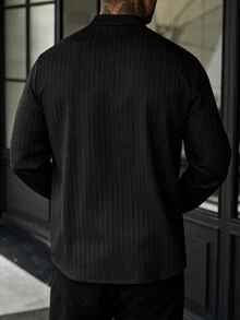 Manfinity CasualCool 男士成熟度假風亞麻混紡長袖襯衫，度假穿搭，秋季，老錢風休閒，辦公工作黑色，正式 - 黑色 - 查看 2