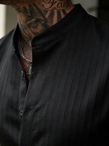 Manfinity CasualCool 男士成熟度假風亞麻混紡長袖襯衫，度假穿搭，秋季，老錢風休閒，辦公工作黑色，正式 - 黑色 - 查看 6