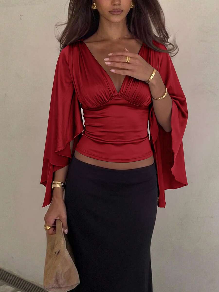 Siren Gaze 女款純色深V領喇叭袖百褶性感優雅襯衫,適合夜生活、外出、派對、雞尾酒會、晚餐約會,秋季新年紅色 - 紅色 - 查看 1