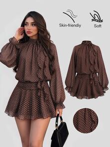 Sweetra Autumn/Winter New Fashion Design Rose Flower Ribbon Decor French Sweet Brown Polka Dot Chiffon Flowy Lightweight Vacation Long Sleeve Short Dress For Women - Brown - View 1