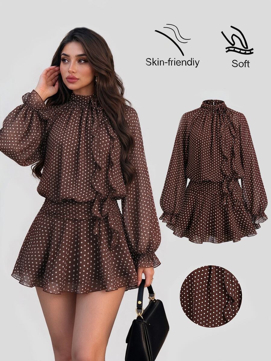 Sweetra Autumn/Winter New Fashion Design Rose Flower Ribbon Decor French Sweet Brown Polka Dot Chiffon Flowy Lightweight Vacation Long Sleeve Short Dress For Women - Brown - View 1