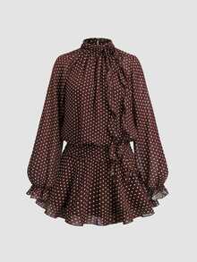 Sweetra Autumn/Winter New Fashion Design Rose Flower Ribbon Decor French Sweet Brown Polka Dot Chiffon Flowy Lightweight Vacation Long Sleeve Short Dress For Women - Brown - View 3