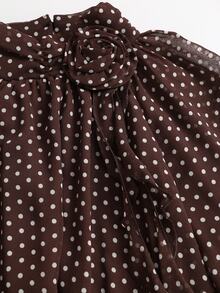Sweetra Autumn/Winter New Fashion Design Rose Flower Ribbon Decor French Sweet Brown Polka Dot Chiffon Flowy Lightweight Vacation Long Sleeve Short Dress For Women - Brown - View 6