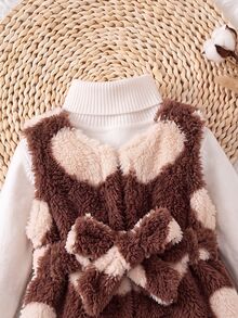SHEIN Baby Girl Apricot Corduroy Thermal Lined Open Front Waist Tie Loose Mid-Length Autumn Coat For Winter - Apricot - View 3