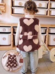 SHEIN Baby Girl Apricot Corduroy Thermal Lined Open Front Waist Tie Loose Mid-Length Autumn Coat For Winter - Apricot - View 8