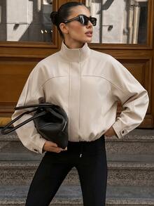 Avenya Autumn/Winter Women's Stand Collar Zipper Pocket Long Sleeve Jacket Short Coat, Loose Cargo Style Style Dropped Shoulder Short Trench Coat - Khaki - View 3