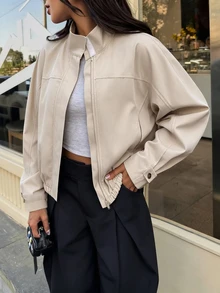Avenya Autumn/Winter Women's Stand Collar Zipper Pocket Long Sleeve Jacket Short Coat, Loose Cargo Style Style Dropped Shoulder Short Trench Coat - Khaki - View 4
