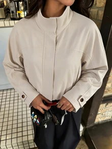 Avenya Autumn/Winter Women's Stand Collar Zipper Pocket Long Sleeve Jacket Short Coat, Loose Cargo Style Style Dropped Shoulder Short Trench Coat - Khaki - View 5