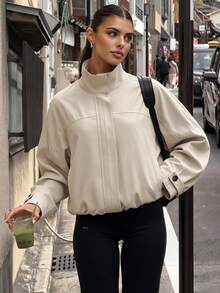 Avenya Autumn/Winter Women's Stand Collar Zipper Pocket Long Sleeve Jacket Short Coat, Loose Cargo Style Style Dropped Shoulder Short Trench Coat - Khaki - View 7