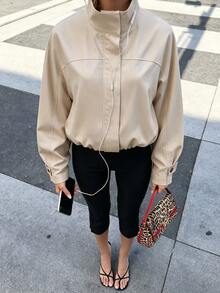 Avenya Autumn/Winter Women's Stand Collar Zipper Pocket Long Sleeve Jacket Short Coat, Loose Cargo Style Style Dropped Shoulder Short Trench Coat - Khaki - View 6