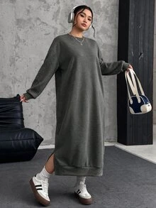 Comfortcana 大尺碼寬鬆休閒長版抓絨衛衣洋裝，秋冬款 - 深灰色 - 查看 4