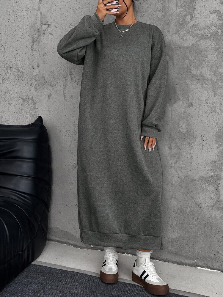 Comfortcana Plus Size Loose Casual Long Fleece Sweatshirt Dress, Autumn/Winter - Dark Grey - View 6