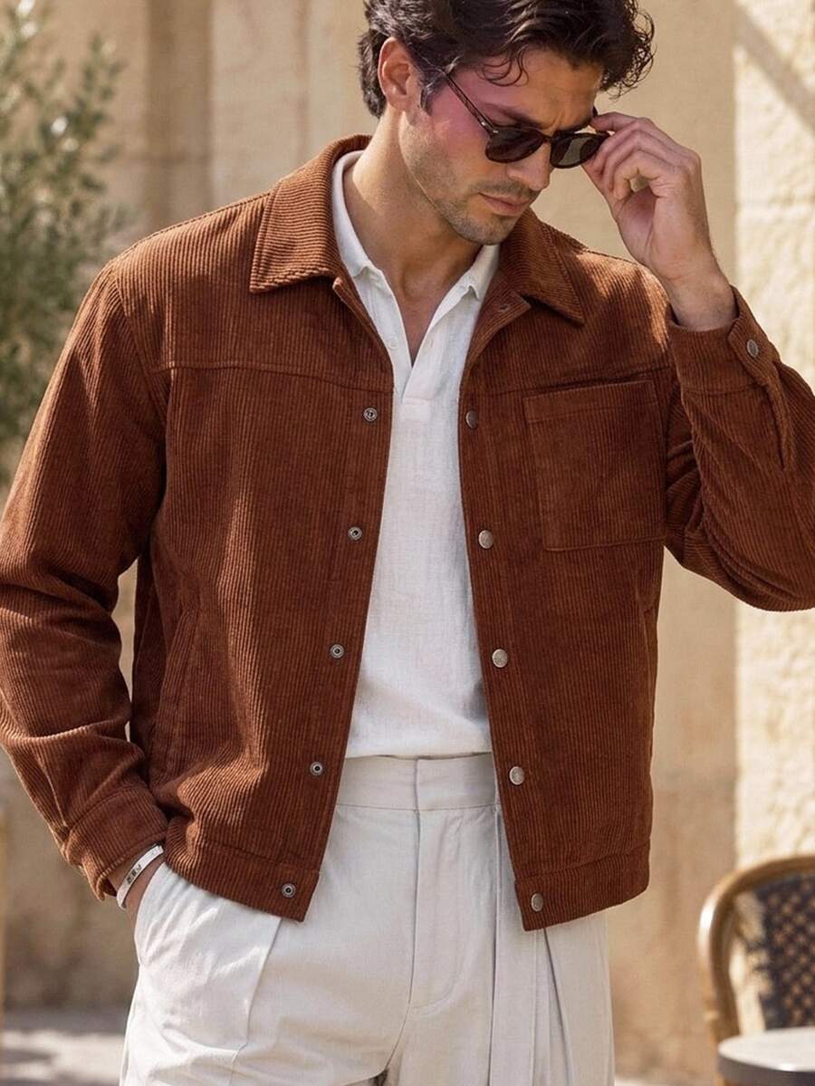 HIMLAND Men's Corduroy Jacket, Vintage Casual, Brown Coat, Turn-Down Collar Shacket, Warm Halloween Winter Party Autumn - Brown - View 1
