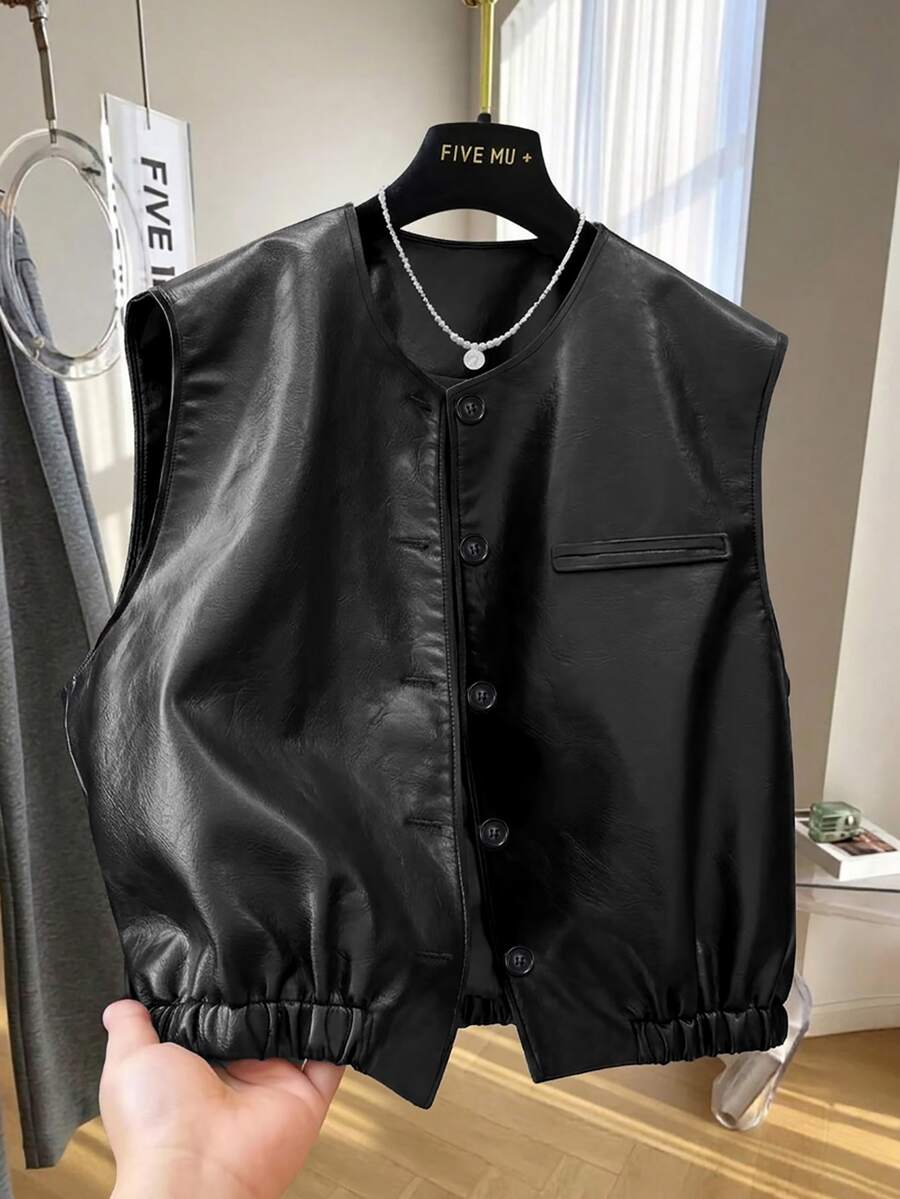 GlowEve Women's Solid Color PU Leather Casual Versatile Daily Wear Vest Jacket Everyday Holiday Shades Of Brown Autumn - Black - View 1