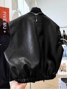 GlowEve Women's Solid Color PU Leather Casual Versatile Daily Wear Vest Jacket Everyday Holiday Shades Of Brown Autumn - Black - View 2