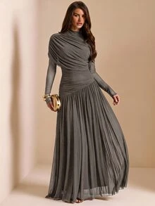 SHEIN BAE 秋季純色棕色圓領短袖修身抓褶大裙擺優雅洋裝，適合婚禮與晚宴賓客 - 黑色 - 查看 4