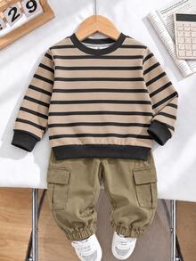 Boys (Small) 2 Pieces Sweatshirt Set, Top Is Khaki Base With Black Horizontal Stripes Sweatshirt, Black Ribbed Collar, Cuffs And Hem, Bottom Is Army Green Cargo Jogger Pants With Large 3D Cargo Pockets On Both Sides, Elastic Cuffs - Multicolor - View 3