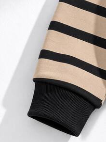 Boys (Small) 2 Pieces Sweatshirt Set, Top Is Khaki Base With Black Horizontal Stripes Sweatshirt, Black Ribbed Collar, Cuffs And Hem, Bottom Is Army Green Cargo Jogger Pants With Large 3D Cargo Pockets On Both Sides, Elastic Cuffs - Multicolor - View 6