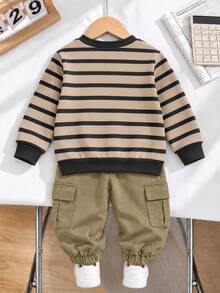 Boys (Small) 2 Pieces Sweatshirt Set, Top Is Khaki Base With Black Horizontal Stripes Sweatshirt, Black Ribbed Collar, Cuffs And Hem, Bottom Is Army Green Cargo Jogger Pants With Large 3D Cargo Pockets On Both Sides, Elastic Cuffs - Multicolor - View 2