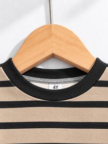 Boys (Small) 2 Pieces Sweatshirt Set, Top Is Khaki Base With Black Horizontal Stripes Sweatshirt, Black Ribbed Collar, Cuffs And Hem, Bottom Is Army Green Cargo Jogger Pants With Large 3D Cargo Pockets On Both Sides, Elastic Cuffs - Multicolor - View 5