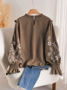 CosyJoli Plus Size Women Floral Embroidery Round Neck Ruffle Hem Long Sleeve Blouse Elegant Women's Blouses Fall - Brown - View 2