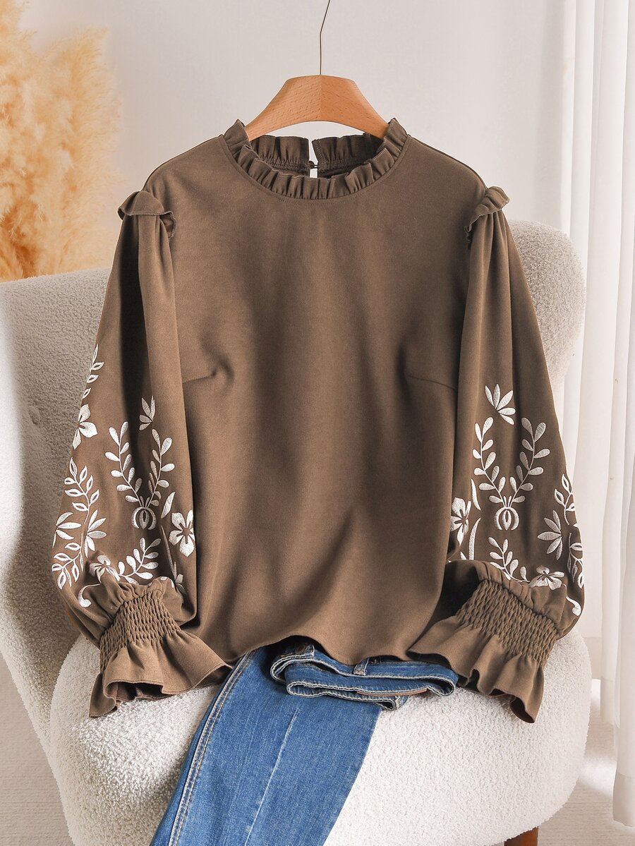 CosyJoli Plus Size Women Floral Embroidery Round Neck Ruffle Hem Long Sleeve Blouse Elegant Women's Blouses Fall - Brown - View 1