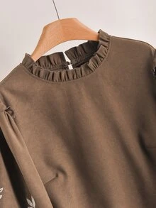 CosyJoli Plus Size Women Floral Embroidery Round Neck Ruffle Hem Long Sleeve Blouse Elegant Women's Blouses Fall - Brown - View 6
