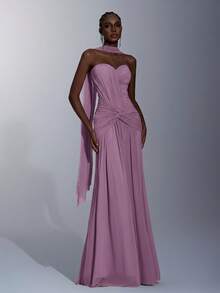 Elitara Women's Elegant Pink High-Stretch Knit Mesh Dress,Ruched Bust Waist Twist Detail Fishtail Hem Gown With Detachable Halter For Formal Wedding - Dusty Pink - View 4