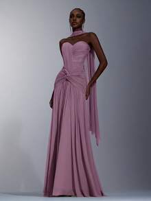 Elitara Women's Elegant Pink High-Stretch Knit Mesh Dress,Ruched Bust Waist Twist Detail Fishtail Hem Gown With Detachable Halter For Formal Wedding - Dusty Pink - View 6
