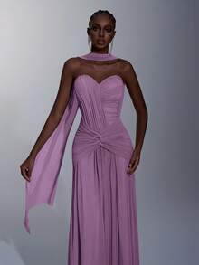 Elitara Women's Elegant Pink High-Stretch Knit Mesh Dress,Ruched Bust Waist Twist Detail Fishtail Hem Gown With Detachable Halter For Formal Wedding - Dusty Pink - View 3
