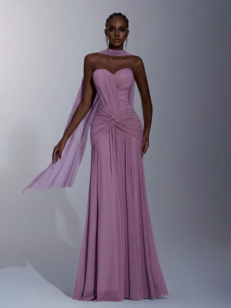 Elitara Women's Elegant Pink High-Stretch Knit Mesh Dress,Ruched Bust Waist Twist Detail Fishtail Hem Gown With Detachable Halter For Formal Wedding - Dusty Pink - View 1