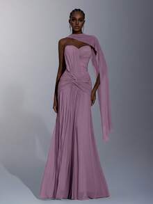 Elitara Women's Elegant Pink High-Stretch Knit Mesh Dress,Ruched Bust Waist Twist Detail Fishtail Hem Gown With Detachable Halter For Formal Wedding - Dusty Pink - View 5