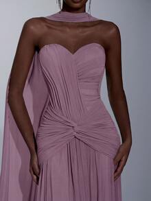 Elitara Women's Elegant Pink High-Stretch Knit Mesh Dress,Ruched Bust Waist Twist Detail Fishtail Hem Gown With Detachable Halter For Formal Wedding - Dusty Pink - View 7