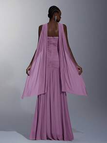 Elitara Women's Elegant Pink High-Stretch Knit Mesh Dress,Ruched Bust Waist Twist Detail Fishtail Hem Gown With Detachable Halter For Formal Wedding - Dusty Pink - View 2