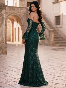 Coutiva Women's Pleated Design Off-Shoulder Flared Sleeve Lace Fitted Mermaid Hem Elegant Romantic Sexy Formal Gala Dinner Wedding Evening Gown Green Fall - Dark Green - View 2