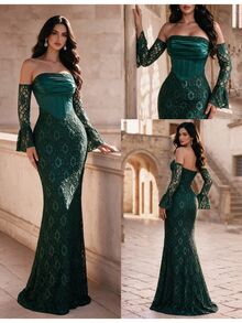 Coutiva Women's Pleated Design Off-Shoulder Flared Sleeve Lace Fitted Mermaid Hem Elegant Romantic Sexy Formal Gala Dinner Wedding Evening Gown Green Fall - Dark Green - View 3
