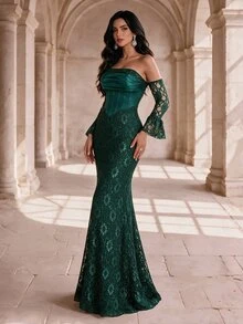 Coutiva Women's Pleated Design Off-Shoulder Flared Sleeve Lace Fitted Mermaid Hem Elegant Romantic Sexy Formal Gala Dinner Wedding Evening Gown Green Fall - Dark Green - View 5