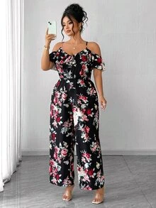 Elenzga Plus Size Casual Elegant Bohemian Boho Traditional Vacation Printed Spaghetti Strap Cold Shoulder Cap Sleeve Jumpsuit Fall Date Night Going Out Black - Multicolor - View 4