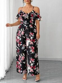 Elenzga Plus Size Casual Elegant Bohemian Boho Traditional Vacation Printed Spaghetti Strap Cold Shoulder Cap Sleeve Jumpsuit Fall Date Night Going Out Black - Multicolor - View 7