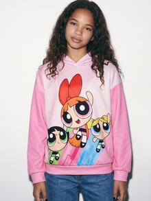 THE POWERPUFF GIRLS X SHEIN 青少年女孩休閒 Y2K 童裝可愛百搭淺粉色卡通圖案連帽寬鬆長袖衛衣，適合日常穿著、運動、學校、秋季 - 粉色 - 查看 1