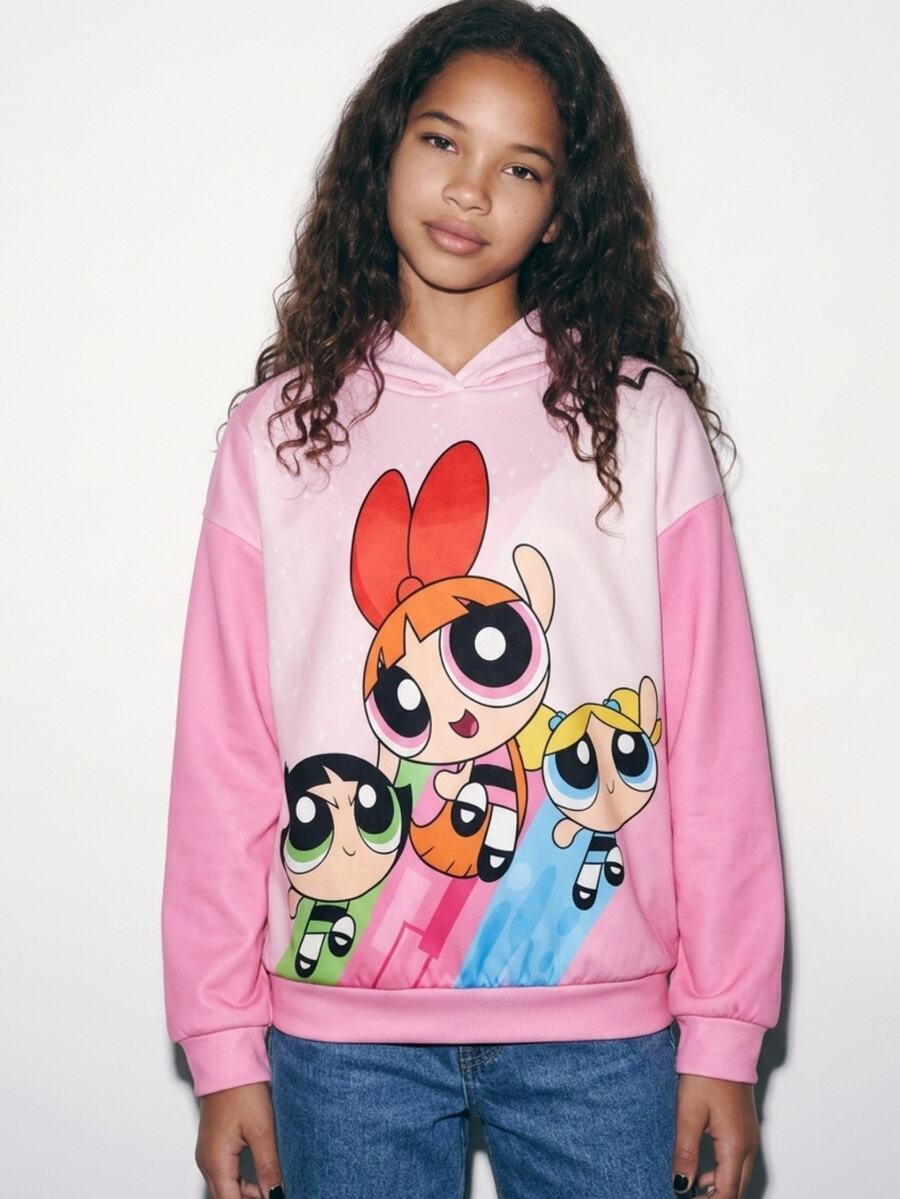 THE POWERPUFF GIRLS X SHEIN 青少年女孩休閒 Y2K 童裝可愛百搭淺粉色卡通圖案連帽寬鬆長袖衛衣,適合日常穿著、運動、學校、秋季 - 粉色 - 查看 1