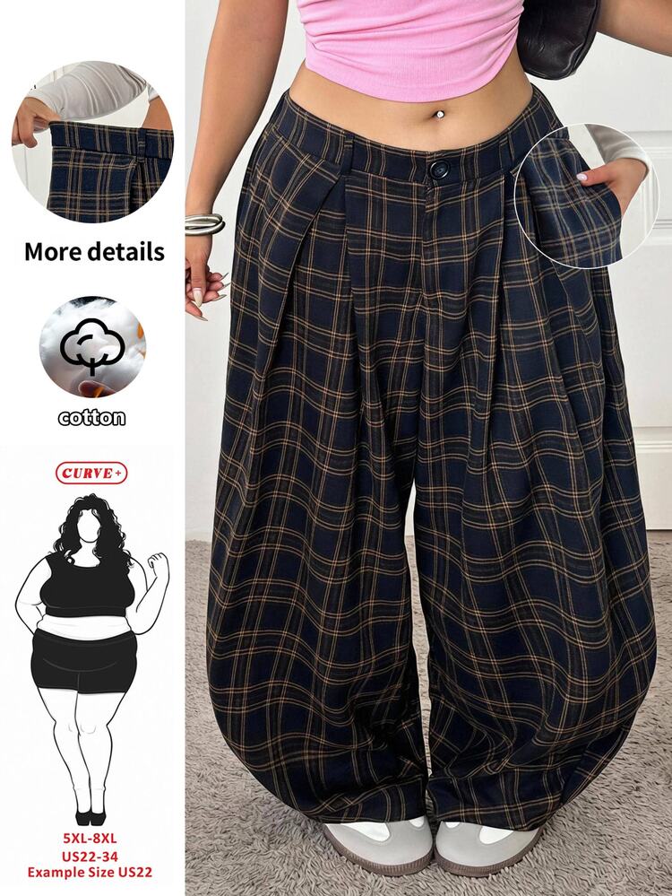 SHEIN CURVE+ 大尺碼女款格紋休閒百搭日常穿著長褲 秋季 - 彩色 - 查看 1