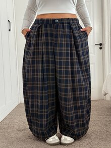 SHEIN CURVE+ Plus Size Women's Plaid Casual Versatile Daily Wear Long Pants Fall - Multicolor - View 6