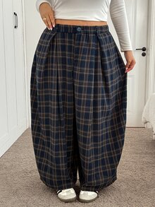 SHEIN CURVE+ Plus Size Women's Plaid Casual Versatile Daily Wear Long Pants Fall - Multicolor - View 7