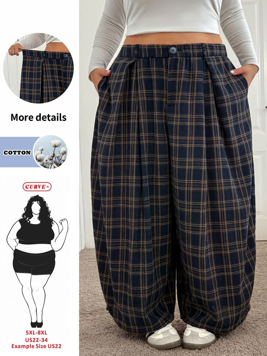 SHEIN CURVE+ Plus Size Women's Plaid Casual Versatile Daily Wear Long Pants Fall - Multicolor - View 1