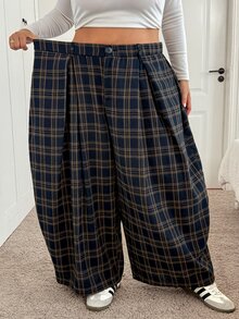 SHEIN CURVE+ Plus Size Women's Plaid Casual Versatile Daily Wear Long Pants Fall - Multicolor - View 5